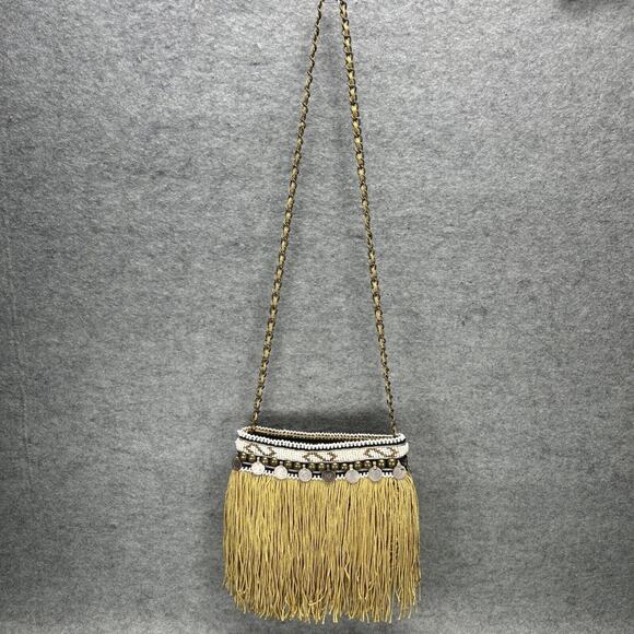Elliot Mann NY Firefly Handbag Crossbody Beaded Gold Fringe Coins Studs Boho - Picture 2 of 10